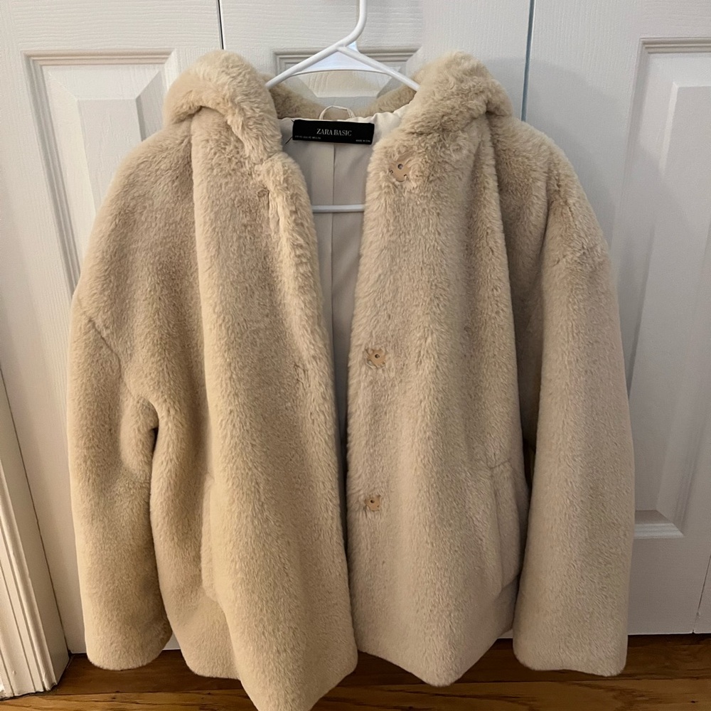 Zara Cream Faux Fur Hooded Coat